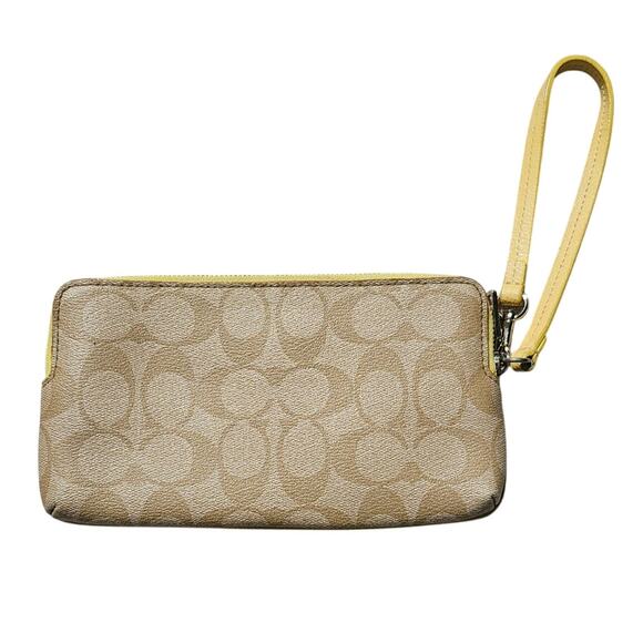 Coach Signature Yellow and Tan Zip around Wallet 2 zippers Wrist Strap - Picture 2 of 10